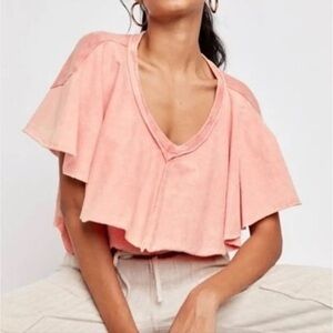 Free People Girl Talk ruffle and flutter Tee in the color Sunny Peach.